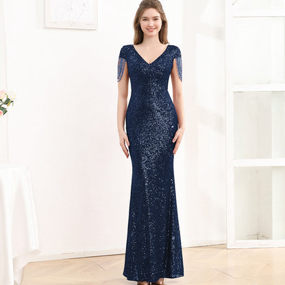 2025 Evening dress dress female black dignified atmosphere host high-end banquet wear sequins thin long fishtail dress
