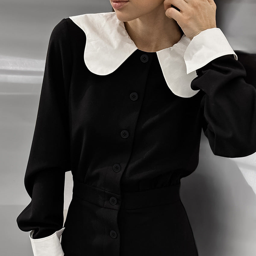 2025 popular spring fashion black loose lapel bubble sleeves contrasting color patchwork dress New simple short skirt women