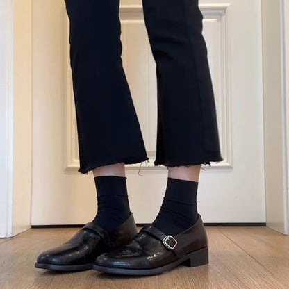 2025 Sheepskin version~ row style retro low-heeled small leather shoes women's one-pedal belt buckle leather loafers new small single shoes