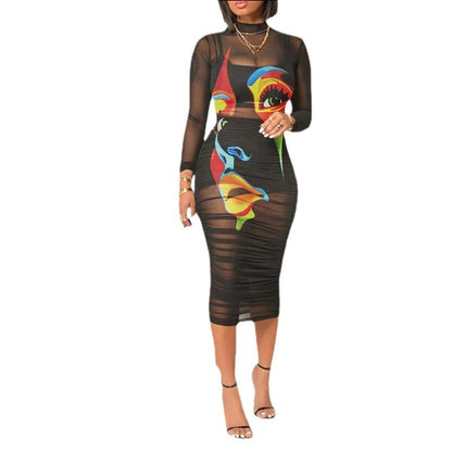 jinran cybergoth dress to impress Summer New Short Skirt Top with Vintage Printed Sexy Mesh Mid-Length Dress Three-Piece Set