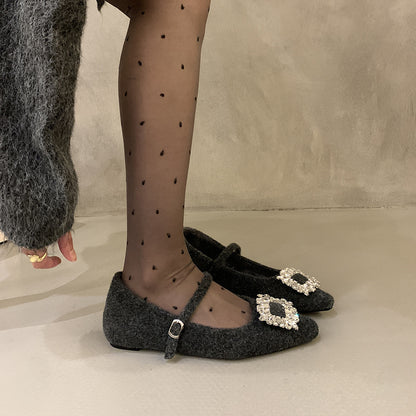 2025 Inner height-increasing rhinestone fluffy shoes women's winter velvet warm cotton shoes single shoes  temperament fairy Mary Jane shoes