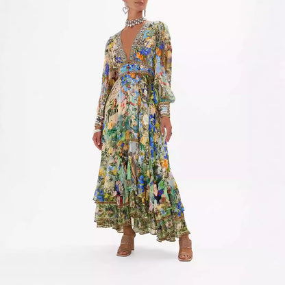 jinran party dresses 2024 New Arrival Hot Fashion Printed Long Sleeve V-neck Girdle Dress