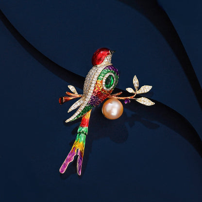 2025 New national style color drip enamel cheongsam dress corsage cardigan pin freshwater pearl bird magpie brooch