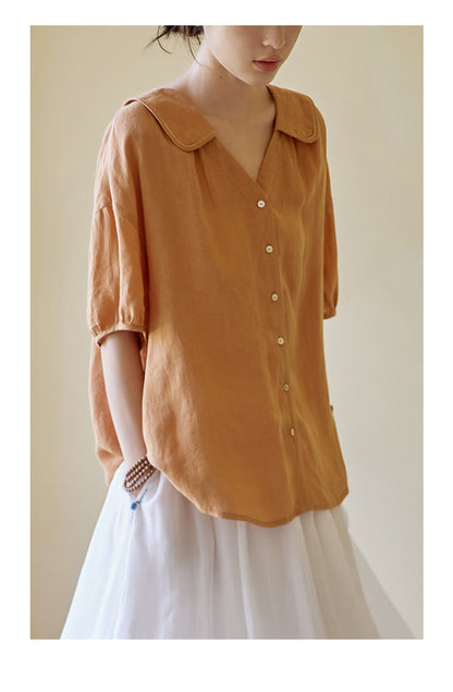 2025 Hand embroidered doll collar linen shirt top blouse popular summer 221235