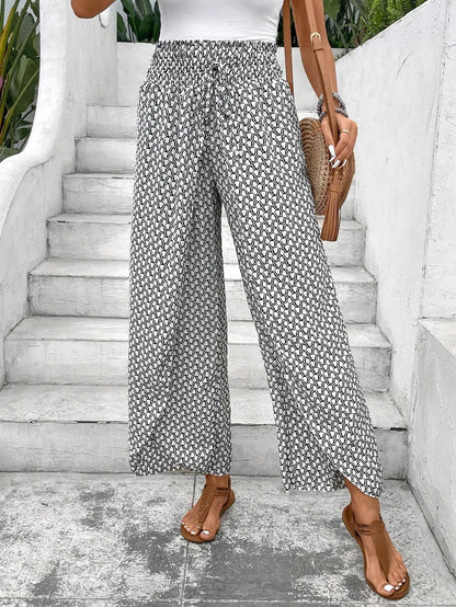 2025 Tiktoktemu  women's clothing  summer new fashion versatile floral side slit wide-leg culottes