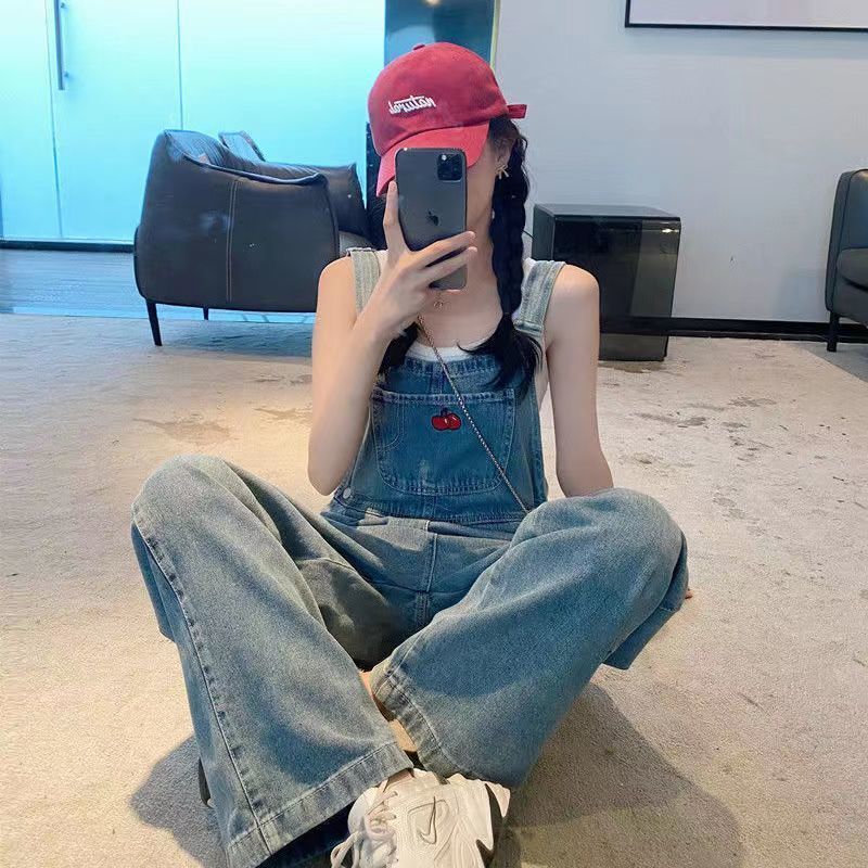 jinran outfit ideas Design Sense Spring and Summer Embroidered Wear Denim Suspender Pants Women's Salt Retro Small Tooling High Waist Straight Jumpsuit