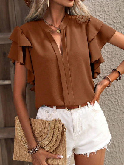 2025 Popular, ,  New women's clothing summer new V-neck casual double-layer lotus leaf sleeves solid color shirt and top