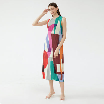 2025 summer new geometric printing and dyeing sleeveless slim dress women's long simple versatile and thin a-shaped skirt