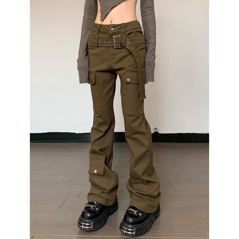 jinran teacher outfits American Street Vibe Brown Workwear Jeans Women's Autumn and Winter New Retro Design Belt Straight Casual Pants