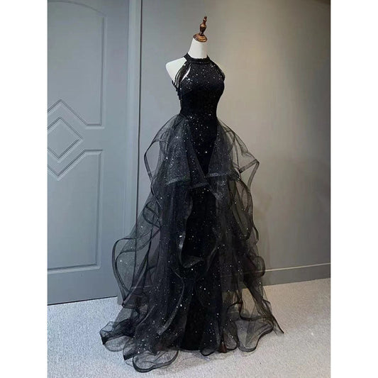 jinran witch dress to impress Black Evening Dress for Women 2024 New Light Luxury Niche High-End High-End Sense Trailing Birthday Party Host Adult Ceremony