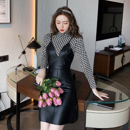 jinran 2024 fall fashion trends Suit  Autumn and Winter New Ladies Slimming Temperament Top + Fashion PU Leather Suspender Skirt Two-Piece Set for Women