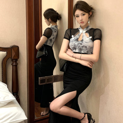 2025 spring and summer new celebrity women's clothing fashion retro improved version cheongsam dress temperament waist splicing skirt