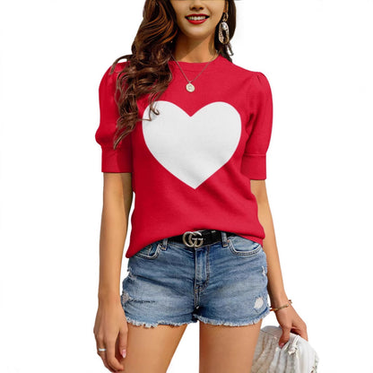 new  Popular trade New crew neck knitted sweater women's contrasting color love short-sleeved women's pullover sweater