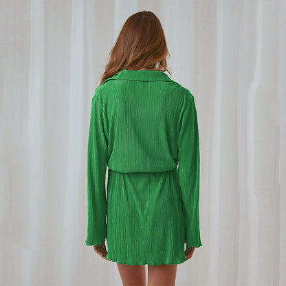 2025 Spring and Autumn  new fashionable green toothpick pleated pleated design shirt skirt Popular trade women's clothing  dresses