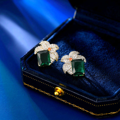 2025 Light luxury high-end earrings women's s925 silver needle temperament elegant fashion micro-inlaid zircon niche leaf square stud earrings