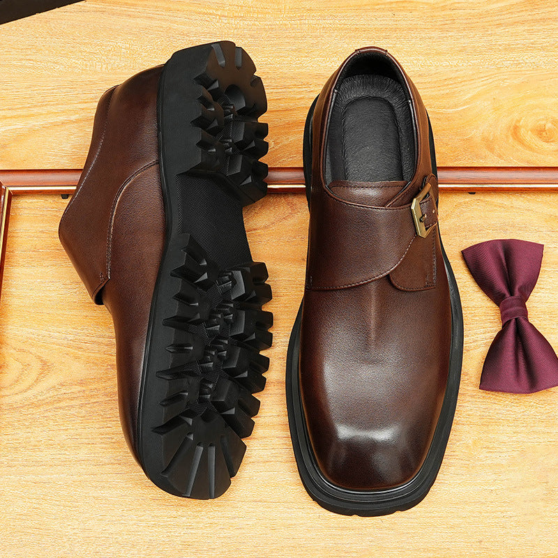 2025 [ Exclusive] Business Casual Leather Shoes Men's Leather Soft Leather Wide Foot Platform British Single Buckle Munk Shoes Men's Shoes