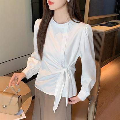 2025 White shirt women's  spring clothes new Korean version fashion pleated lace-up cotton long-sleeved casual top Popular trade waist
