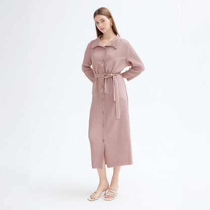 2025 spring new single-breasted long-sleeved lace-up dress medium and long Korean version simple loose pleated A-shaped skirt