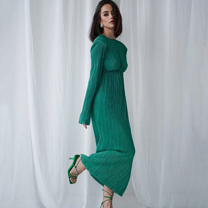 2025 spring  long dress round neck hollow sexy temperament dress backless slim long sleeve pleated dress women