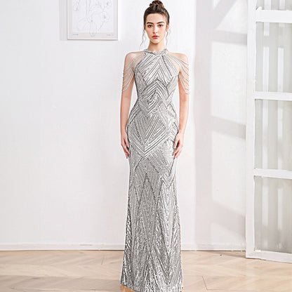 2025 High-end evening dress dress female fishtail champagne high-end texture celebrity fairy banquet temperament light luxury niche host