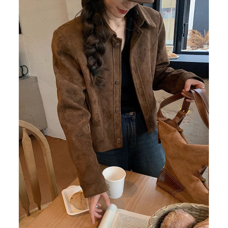 jinran fall mens outfits Design Lapel Loose 2024 Spring New Retro Suede Flight Suit Top Women's Jacket Short Coat Women