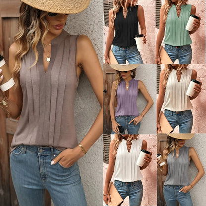 2025 Popular, ,  New women's clothing summer new fashion temperament elegant pleated V-neck vest women's top T