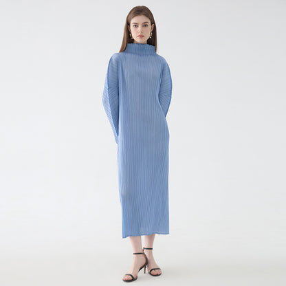 2025 spring temperament turtleneck folding sleeves solid color dress women's medium and long simple loose pleated A-shaped skirt
