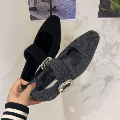 2025 thick heel velvet Mary Jane fluffy shoes women's shoes popular autumn and winter with skirt evening shoes rhinestone shoes