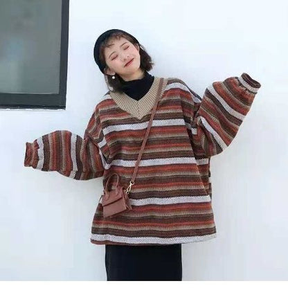 jinran sweater Female Student Korean Style Autumn and Winter New Striped Contrast Color V-neck Lazy Style Pullover Loose High-End Sweater Female