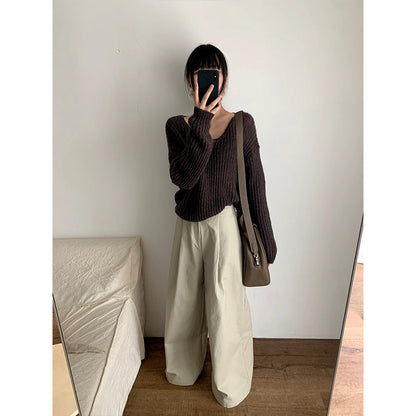 jinran Fall outfits Weaelab 2024 Autumn New Korean Style Loose Hollow Wool V-neck Knitted Sweater for Women Trendy Lw7275