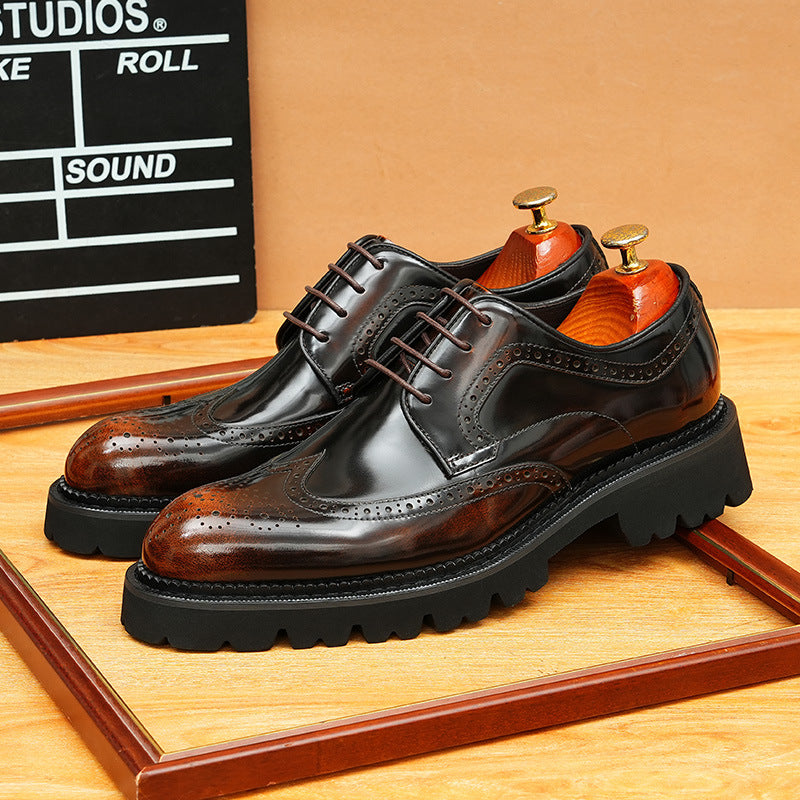 2025 [ Exclusive] Thick-soled glossy leather shoes men's British engraved Brock pointed head heightening business formal men's shoes