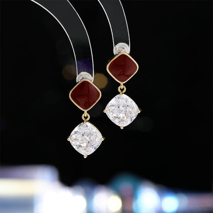 2025 Stylish retro geometric stud earrings autumn and winter simple enamel drip glaze earrings Ankola red sugar cube zircon earrings