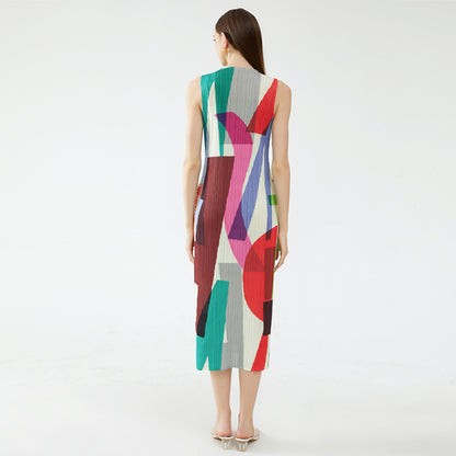 2025 summer new geometric printing and dyeing sleeveless slim dress women's long simple versatile and thin a-shaped skirt