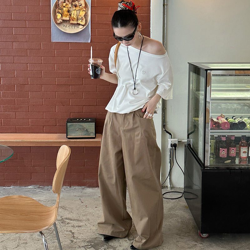 jinran summer outfits inspo Street Wide-Leg Workwear Straight Casual Pants Pleated Loose Slimming Mop Straight Pants K335