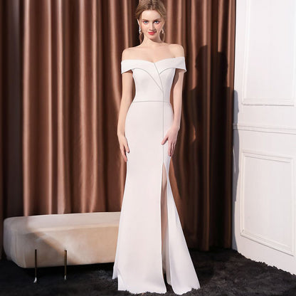 2025 Evening dress women's high-end simple banquet slim shoulder fishtail host dinner party fishtail long dress