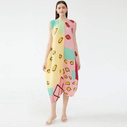 2025 summer new elegant style women's clothing pullover sleeveless round neck printing and dyeing pleated umbrella dress women