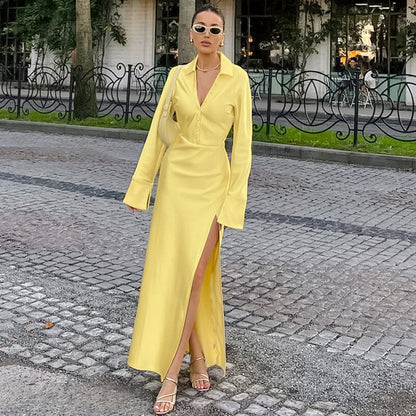 2025 Satin temperament lapel flared sleeve split high waist dress popular  new spring fashion wholesale long dress