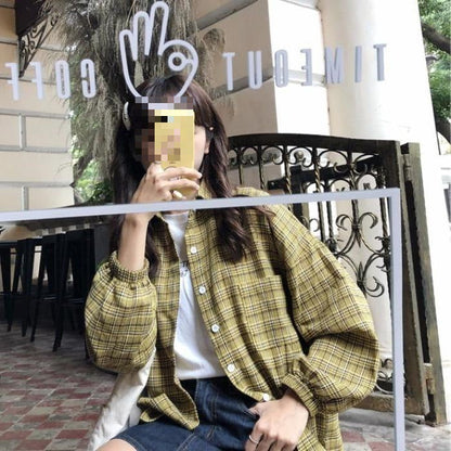 jinran 90s streetwear Plaid Shirt Chic Korean Style Loose Autumn New Preppy Style Lantern Sleeve Mid-Length Lapel Women's Shirt Fashion