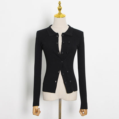 2025 Korean version of the design sense knitted sweater  spring new irregular double-breasted lapel solid color slim-fit cardigan sweater