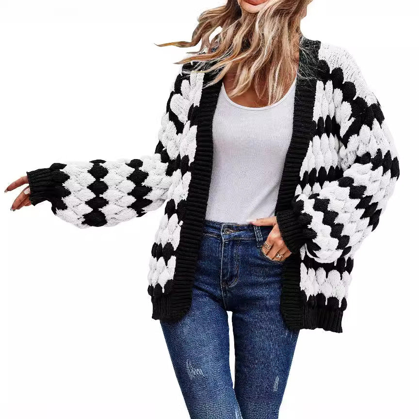 jinran sambas outfits New Autumn and Winter Women's Clothing Contrast Color Knitted Women's Cardigan Sweater