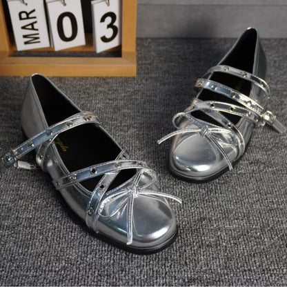 2025 Sheepskin version~ Silver bow small single shoes women's 2025 autumn leather retro light mouth rivet ballet flats