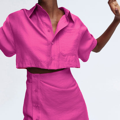 2025 popular summer new shirt skirt short skirt hip skirt short dress rose red short sleeve fashion  women's clothing