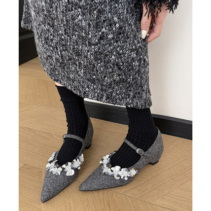 2025 Sheepskin version~ Spring new temperament pointed sequins flower word with single shoes Spring new gentle lady shoes