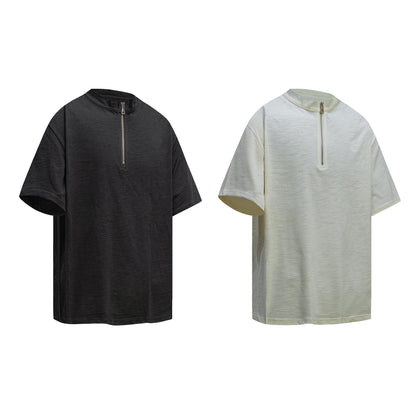 2025 6100 2025n Street 2025 Summer Solid Color Zipper Design Men's Loose Premium Sense Bamboo Cotton Short Sleeve T-Shirt