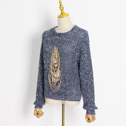 2025 Temperament Personality Heavy Industry Knitted Top  Spring New Crew Neck Long Sleeve Hollow Thick Chain Decorative Sweater Women