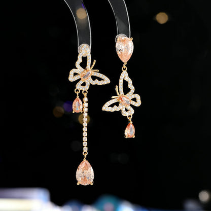 2025 New fashion asymmetrical butterfly water drop stud earrings s925 silver needle design zircon light luxury temperament high-end earrings