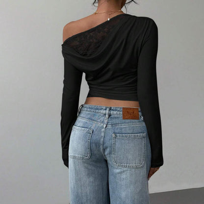 2025 Trendy brand New fashion slanted shoulder lace splicing fake two-piece knitted sweater for women  new waist knitted top for women