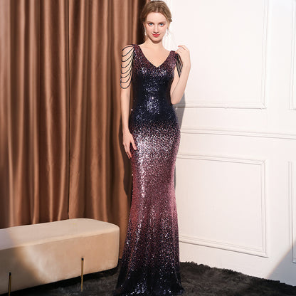 2025 Evening dress dress women's high-end banquet temperament simple Hepburn style company annual meeting host sequined long dress