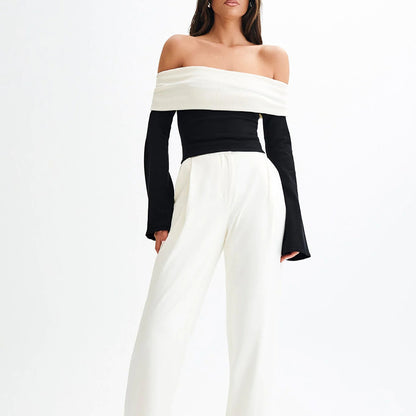 New 's new knitted top women's clothing one-word shoulder design temperament off-the-shoulder slim sweater women