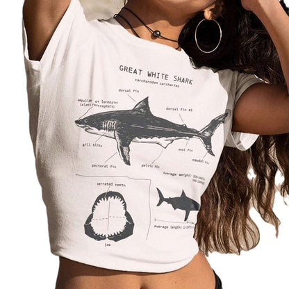 jinran shirt Women's Summer Casual T-shirt with Slogan and Shark Print round Neck T-shirt Women's Short Sleeve